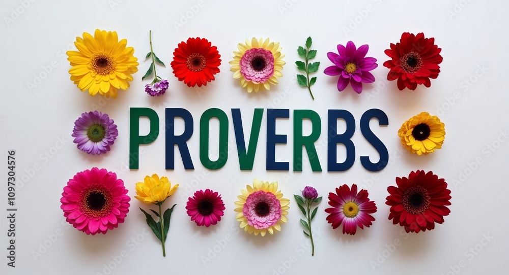 Proverbs lettering with colorful flowers on plain white background Proverbs lettering with colorful flowers on plain white background
