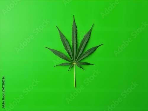 A leaf of a marijuana plant is shown on a green background. The leaf is large and has a distinct shape, with a pointed tip and a wide base. Concept of natural beauty photo