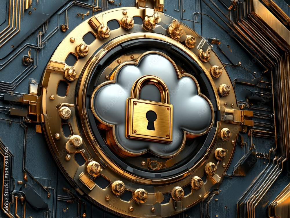 Fototapeta premium Intricate gold and metallic lock embedded in a cloud design surrounded by detailed gears, symbolizing advanced data security, encryption, and cloud based technology systems