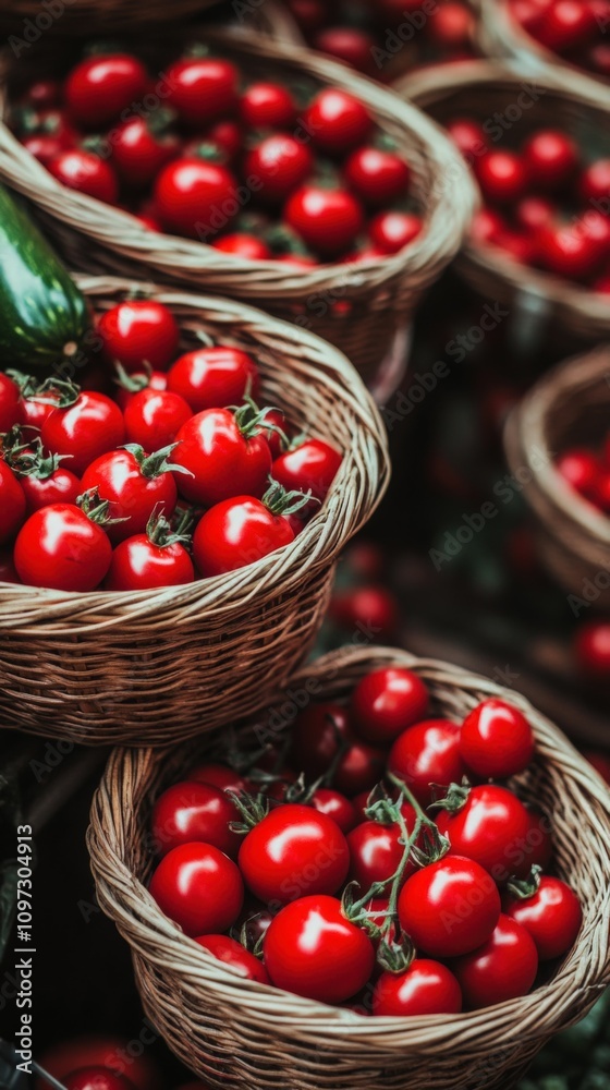 Fresh Cherry Tomatoes in Rustic Baskets at a Market Fresh Cherry Tomatoes in Rustic Baskets at a Market