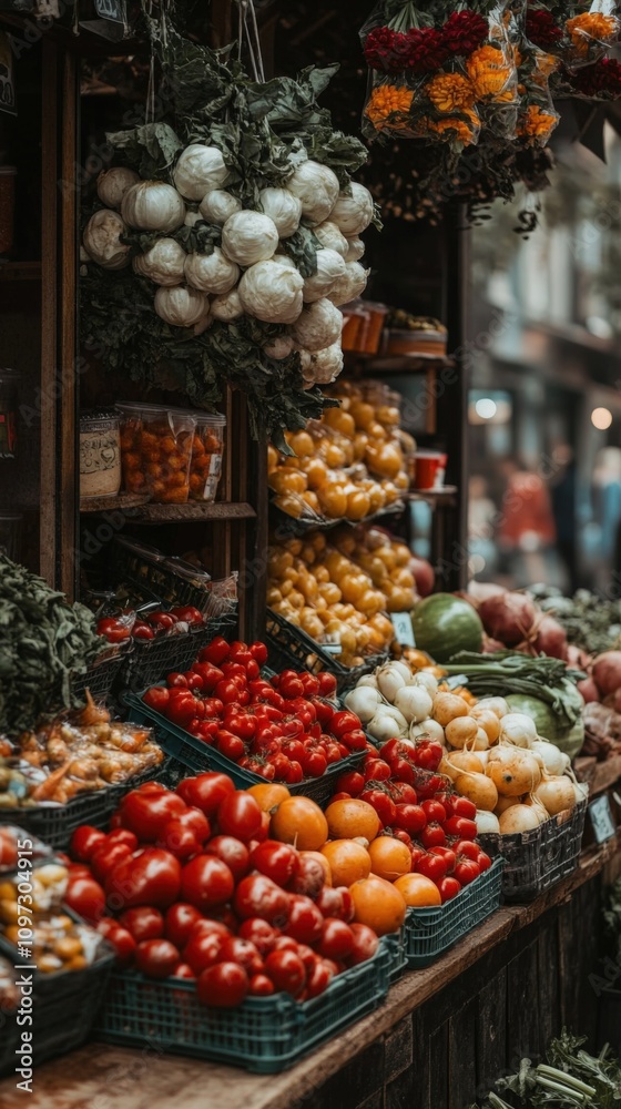 Vibrant Marketplace Featuring Fresh Fruits and Vegetables in Rustic Display Vibrant Marketplace Featuring Fresh Fruits and Vegetables in Rustic Display