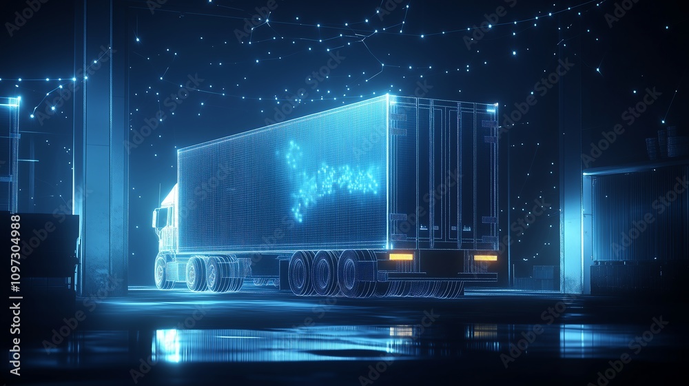 Abstract truck loading dock with dark blue background, featuring low-poly wireframe lines, glowing particles, and a sleek, modern logistics theme.