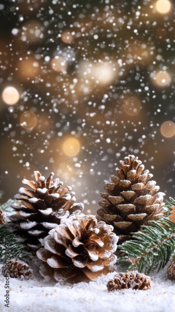 Festive Pinecones Adorned with Snow in a Holiday Setting Festive Pinecones Adorned with Snow in a Holiday Setting