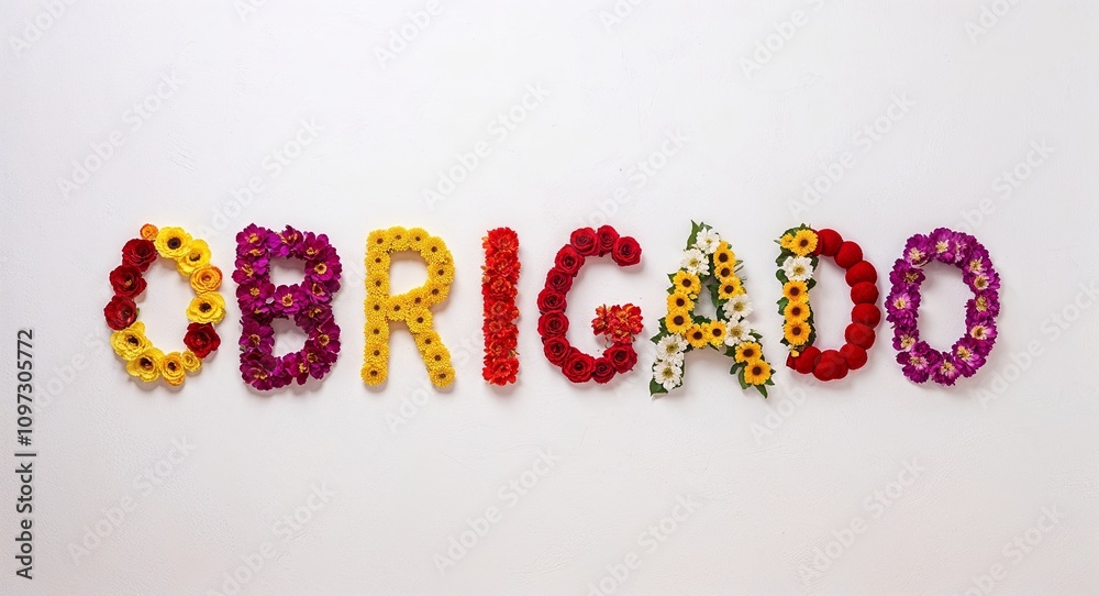 obrigado lettering with colorful flowers on plain white background