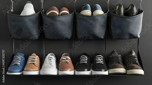 Organized shoe collection in fabric pockets hanging on a dark wall.