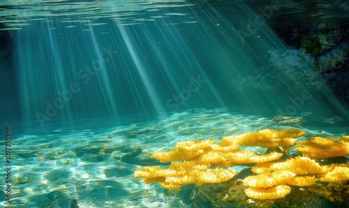 Underwater coral reef with sunlight rays, vibrant yellow coral formations, clear blue water, serene aquatic environment