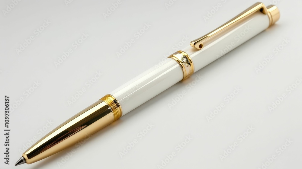 A sleek white pen with gold accents, showcasing elegance and sophistication, perfect for writing or gifting. A sleek white pen with gold accents, showcasing elegance and sophistication, perfect for writing or gifting.