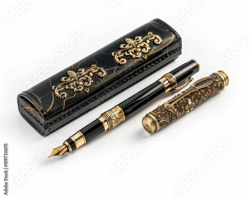 A luxurious fountain pen with intricate gold detailing, accompanied by an elegant case, ideal for writing enthusiasts and collectors. photo