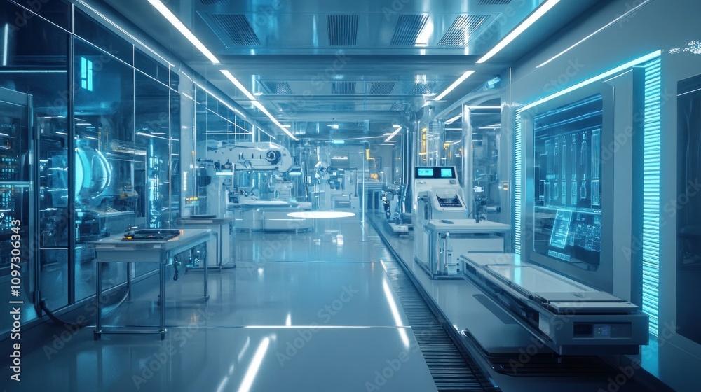 High-tech robotics lab inside a modern factory, futuristic equipment, clean and sleek design High-tech robotics lab inside a modern factory, futuristic equipment, clean and sleek design