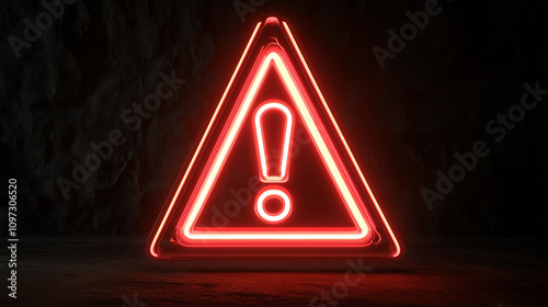 Red neon warning sign glowing in dark room