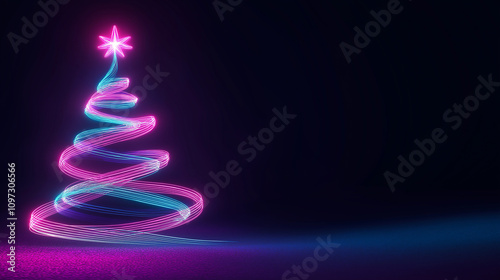 Neon christmas tree shining with pink and blue lights on dark background