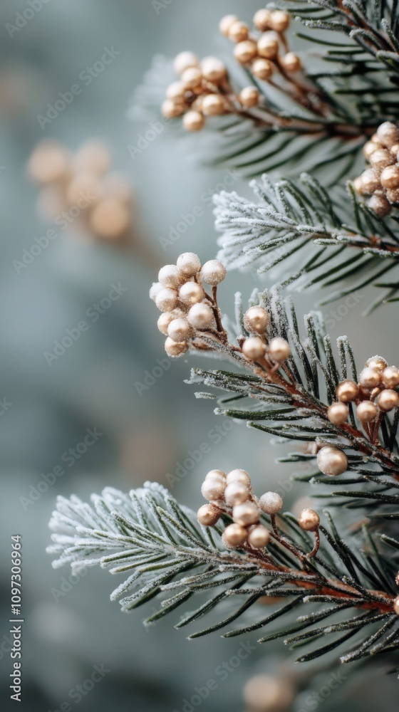 Frosted Evergreen Branches with Decorative Golden Berries in Winter Frosted Evergreen Branches with Decorative Golden Berries in Winter