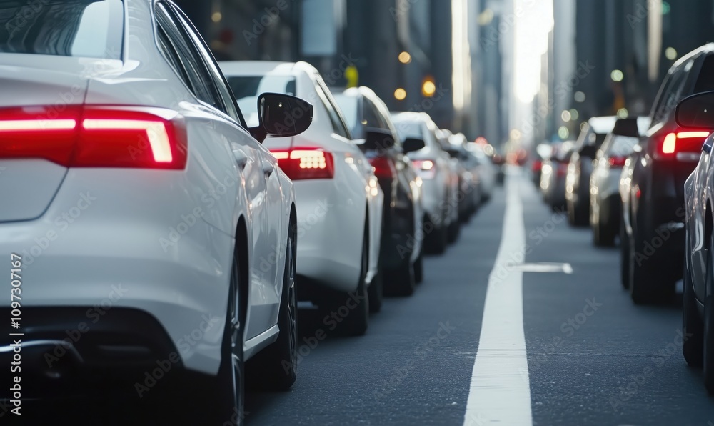 Traffic congestion in urban setting, cars lined up on city street, tall buildings in background, evening light Traffic congestion in urban setting, cars lined up on city street, tall buildings in background, evening light