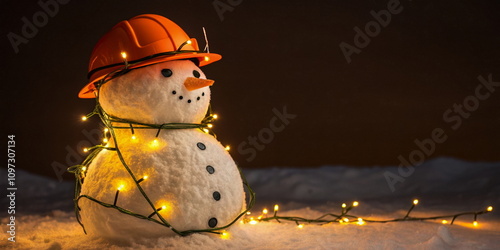 Construction snowman with lights on snowy background photo