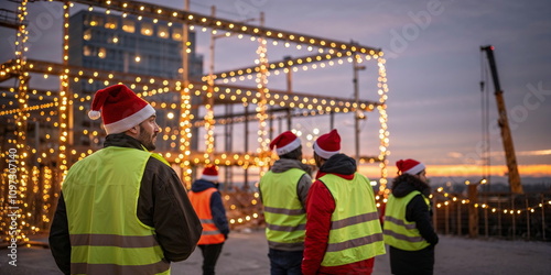 Construction workers in Santa hats admire festive building site photo