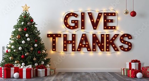 give thanks lettering on christmas tree with presents and baubles lights