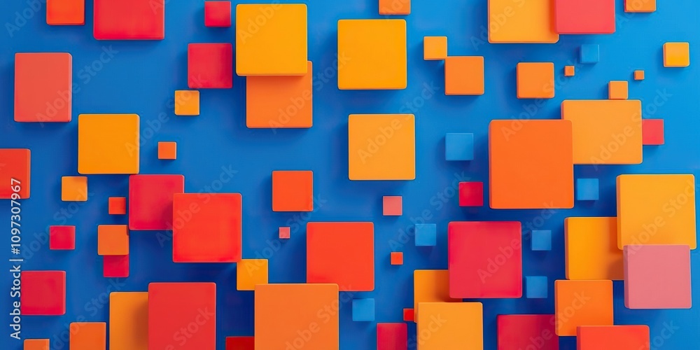 Abstract blue background with interlocking square shapes of various sizes and colors creating a sense of movement and energy, kinetic energy, abstract design, geometric patterns Abstract blue background with interlocking square shapes of various sizes and colors creating a sense of movement and energy, kinetic energy, abstract design, geometric patterns