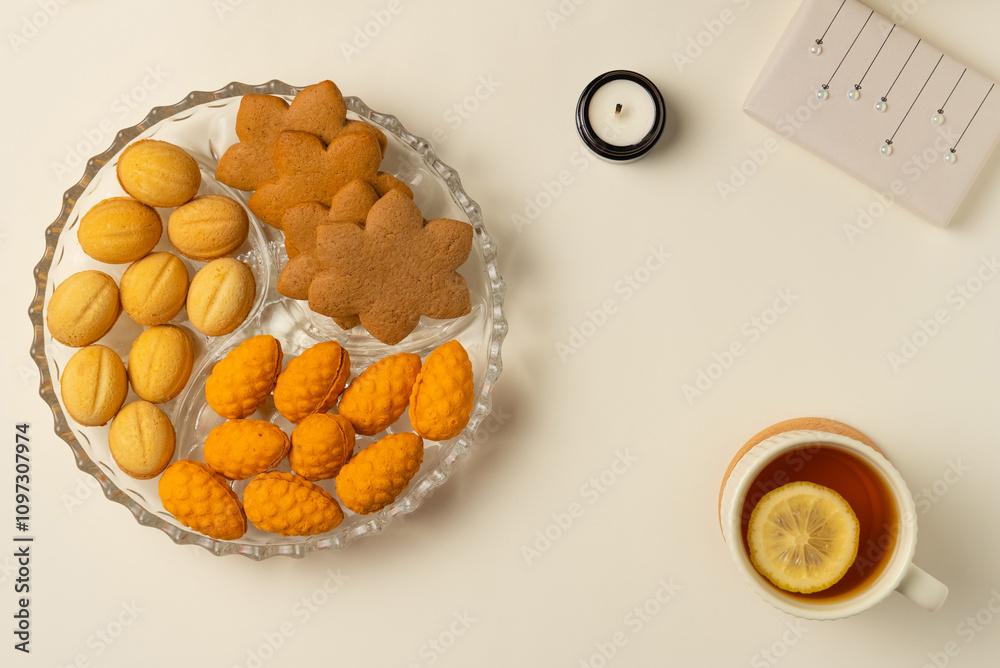 Plate with cookies, cup of tea, Christmas gift box and candle on beige background. Flat lay, top view. Plate with cookies, cup of tea, Christmas gift box and candle on beige background. Flat lay, top view.