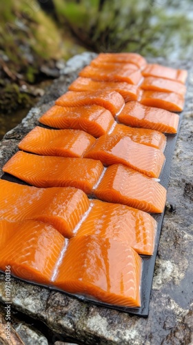 Freshly Cut Salmon Fillets Displayed on a Rustic Surface photo