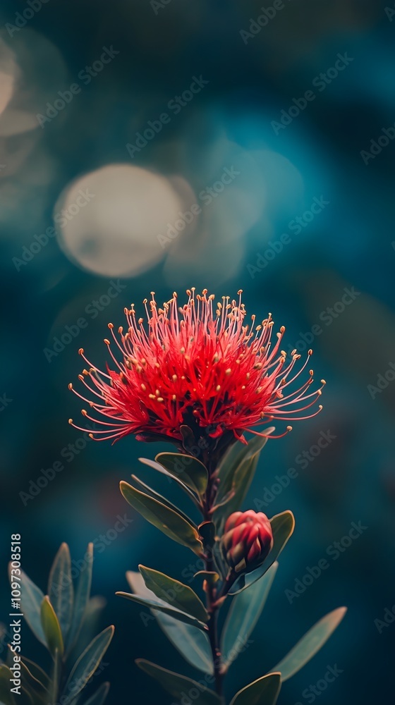 Red Pohutukawa flower against blurred background in New Zealand Red Pohutukawa flower against blurred background in New Zealand