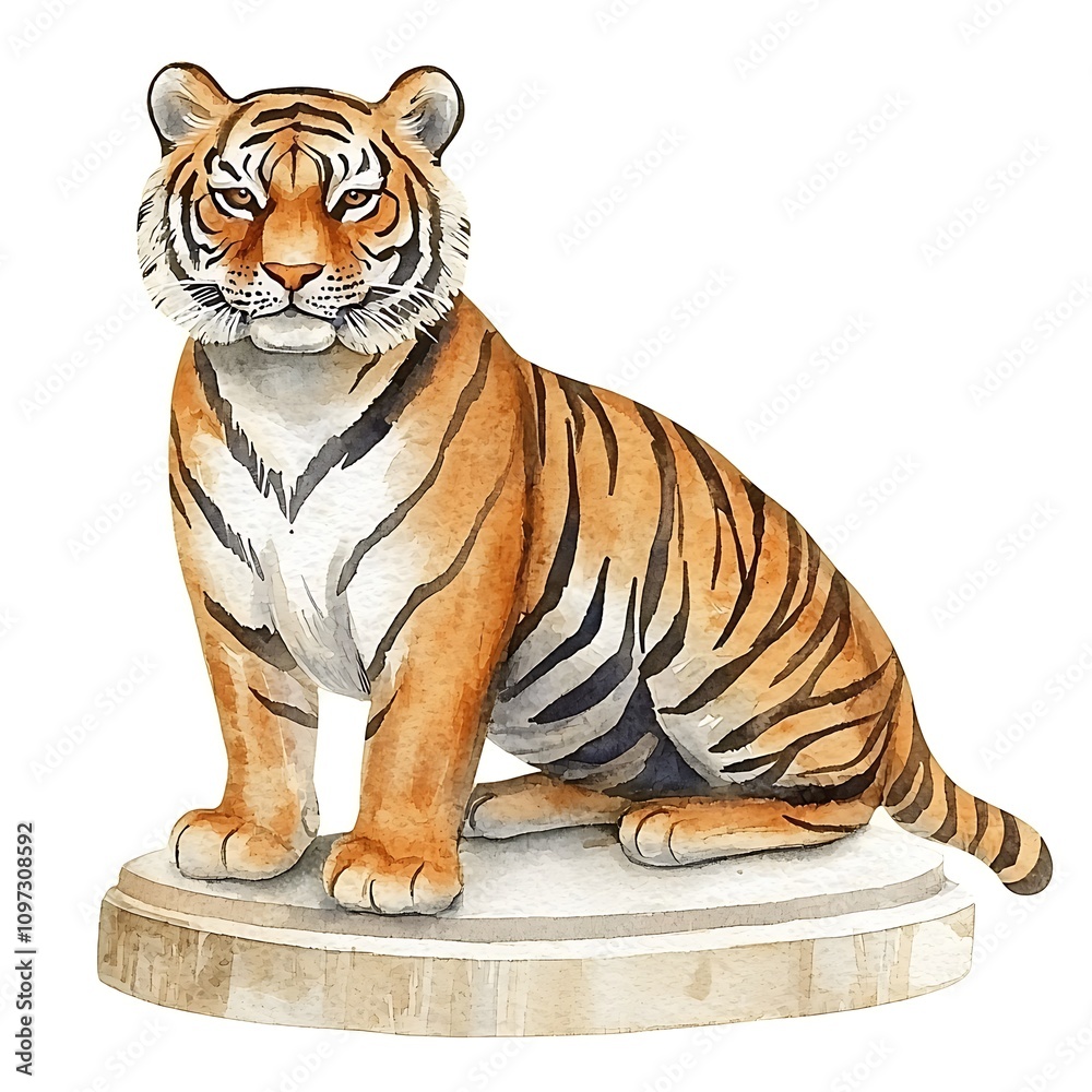 Obraz premium Watercolor Painting of a Majestic Tiger Sitting on a Pedestal.