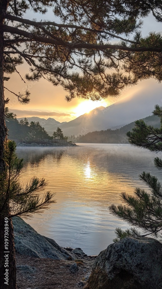 Serene Sunrise Over Calm Lake Surrounded by Misty Mountains Serene Sunrise Over Calm Lake Surrounded by Misty Mountains