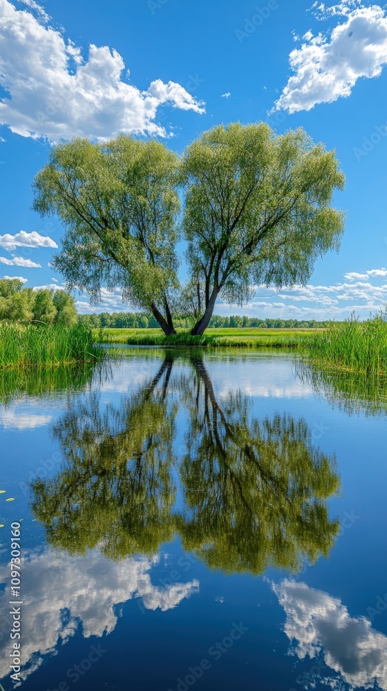 Fototapeta premium Serene Reflection of Willows by a Tranquil Lake Under a Blue Sky