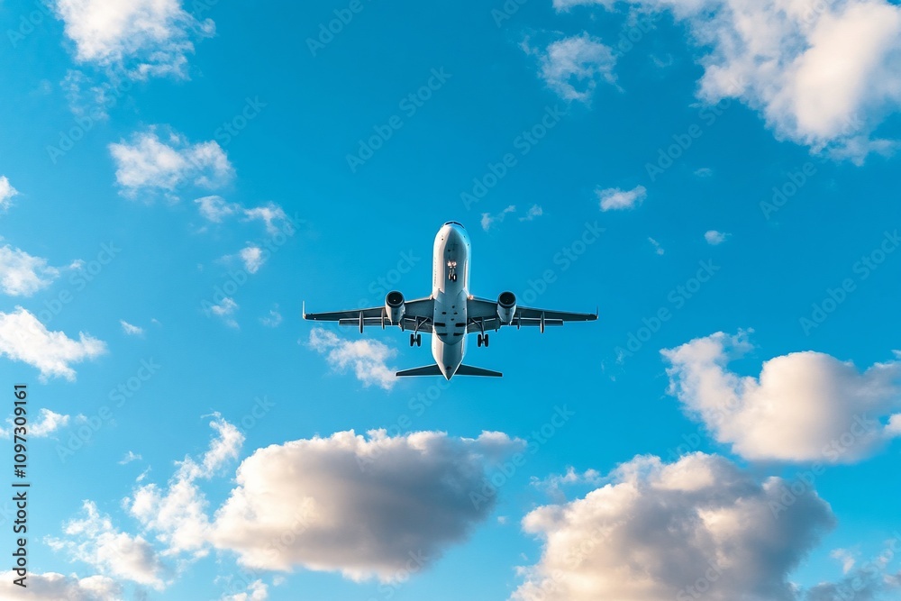 Fototapeta premium Airplane descending against a vibrant blue sky dotted with fluffy clouds.