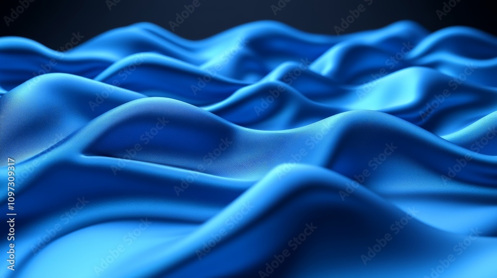 Fototapeta premium Smooth blue fabric like waves with glowing highlights and soft shadows, symbolizing elegance, modernity, and luxurious textile inspired abstraction