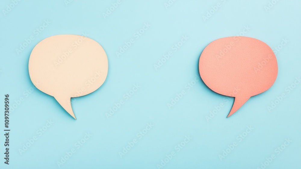 Two speech bubbles on light blue background, one beige, pink Two speech bubbles on light blue background, one beige, pink