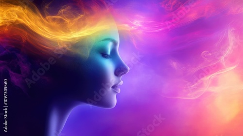 Illustration of serene woman's profile with vibrant, colorful swirls