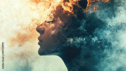 Abstract profile of woman with fiery and smoky effects