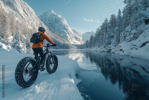Bugatti e-bike on a frozen lake in winter, sleek design in a snowy landscape.
