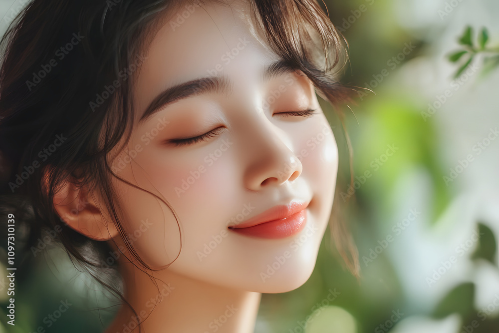 Serene Close-Up of a Woman with Relaxed Expression Surrounded by Greenery Serene Close-Up of a Woman with Relaxed Expression Surrounded by Greenery