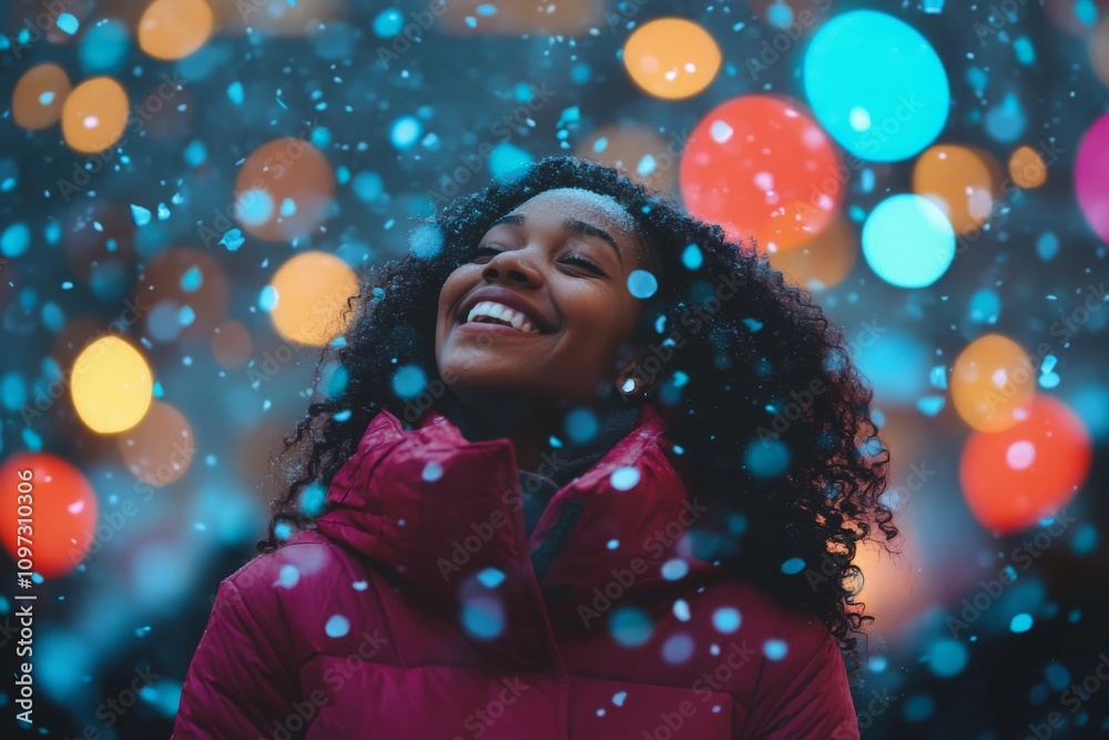 Joyful Woman Smiling Under Snowfall with Colorful Lights in Background Capturing the Beauty of Winter Season and Festive Atmosphere at Night Joyful Woman Smiling Under Snowfall with Colorful Lights in Background Capturing the Beauty of Winter Season and Festive Atmosphere at Night