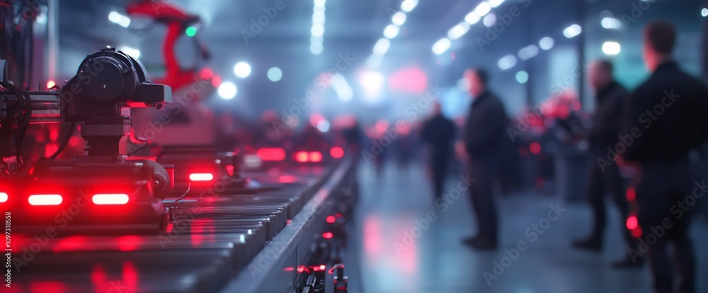 Automated factory conveyor belt system with red lights and blurred background of workers. Automated factory conveyor belt system with red lights and blurred background of workers.