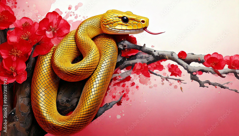 A golden snake coiled around a branch adorned with red flowers. It is suitable for Chinese New Year: the year of the snake. A golden snake coiled around a branch adorned with red flowers. It is suitable for Chinese New Year: the year of the snake.