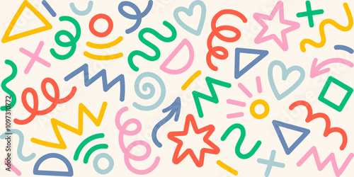 Modern basic shapes set: star, arrow, triangle, circle, heart, zigzag, spiral, wavy lines. Trendy Memphis geometric pattern. Cool abstract background in retro 80s, 90s style. Cute kid doodle design.	
