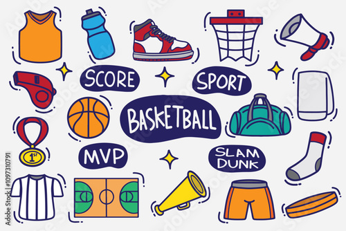 set of basketball doodles color good for background, wallpaper, element design, icons, etc