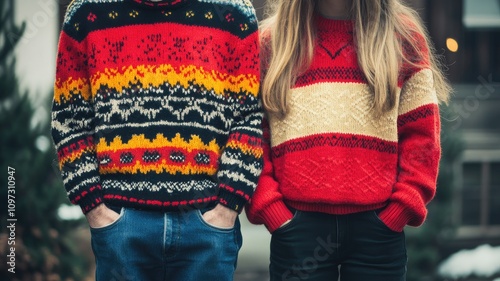 Two individuals wearing traditional colorful knitted sweaters outdoors in casual setting photo