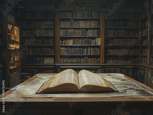 A picture of a book turned over on a library table in a library setting