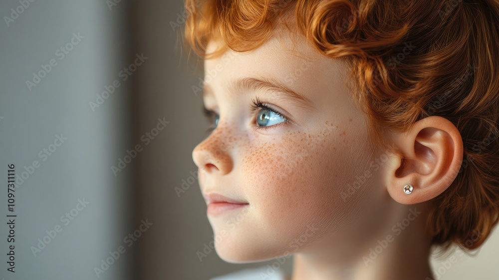 Thoughtful red-haired child with freckles looking away Thoughtful red-haired child with freckles looking away