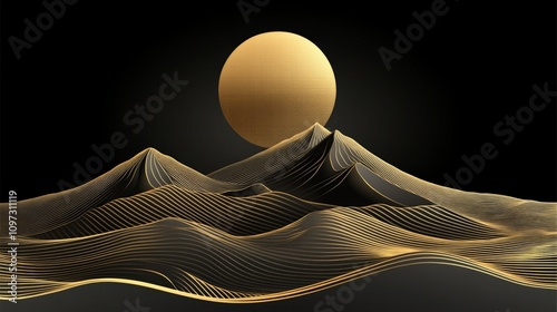 Minimalist abstract landscape of golden dunes under a glowing sphere, creating a surreal and futuristic desert inspired design with soft light and smooth contours photo