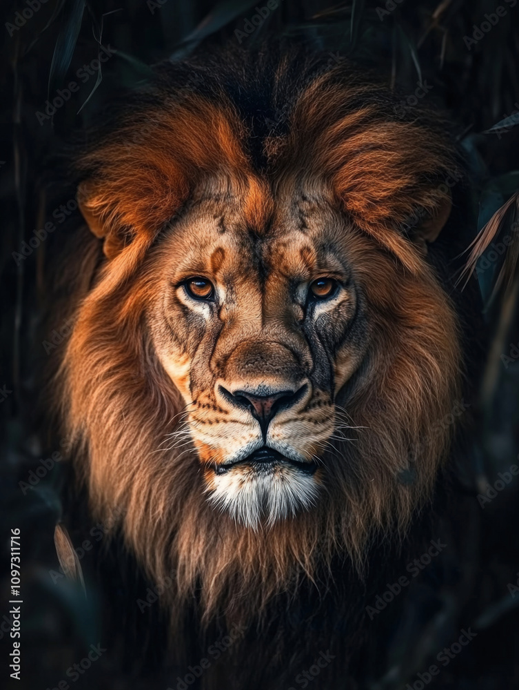 Naklejka premium Majestic Lion Portrait in the Wild - A Powerful King of the Savanna