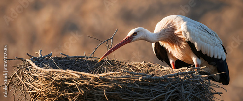 Majestic white stork arranging twigs in its nest during golden hour