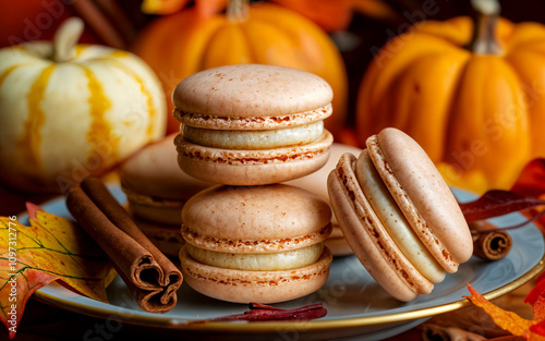 Pumpkin spice macarons celebrating autumn with cinnamon sticks and fall colors photo