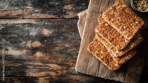 Crunchy whole grain crispbreads stacked on rustic wooden board photo