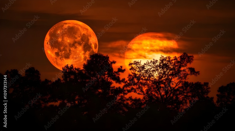 An orange moon rising behind the silhouettes of trees, creating a dramatic twilight scene with a darkening sky An orange moon rising behind the silhouettes of trees, creating a dramatic twilight scene with a darkening sky