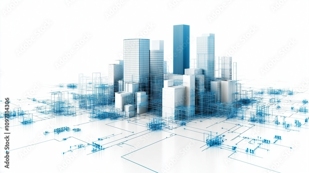 Fototapeta premium Cityscape of Innovation: A striking, abstract representation of a modern metropolis, with buildings rendered in shades of blue and white, symbolizing technological advancement and connectivity.