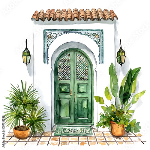 Watercolor painting of a charming green door with Moroccan design, flanked by potted plants.